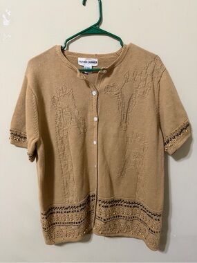 Alfred Dunner Beige-Tan Short Sleeve Button Cardigan large giraffe beaded granny